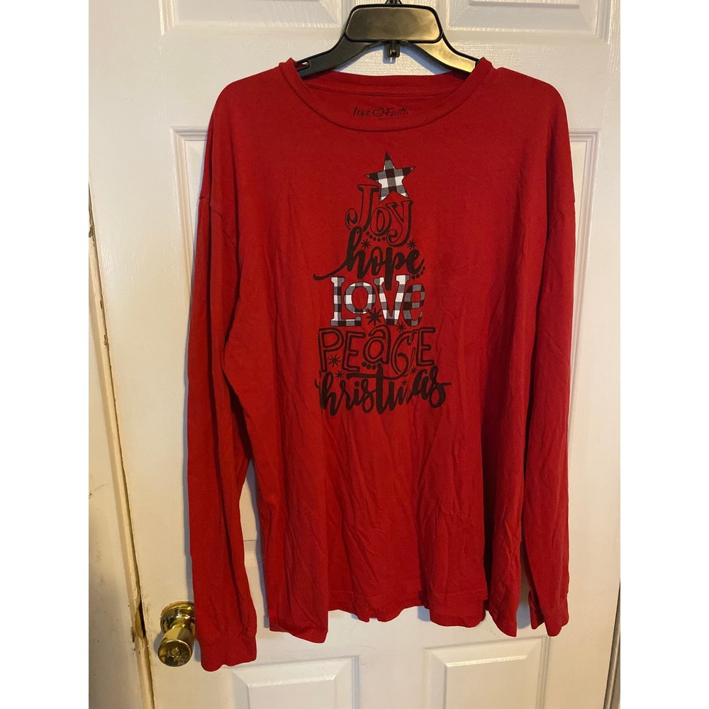 Love in Faith Red Christmas Tree Graphic Long Sleeve Tee Shirt 3X Joy Hope Love